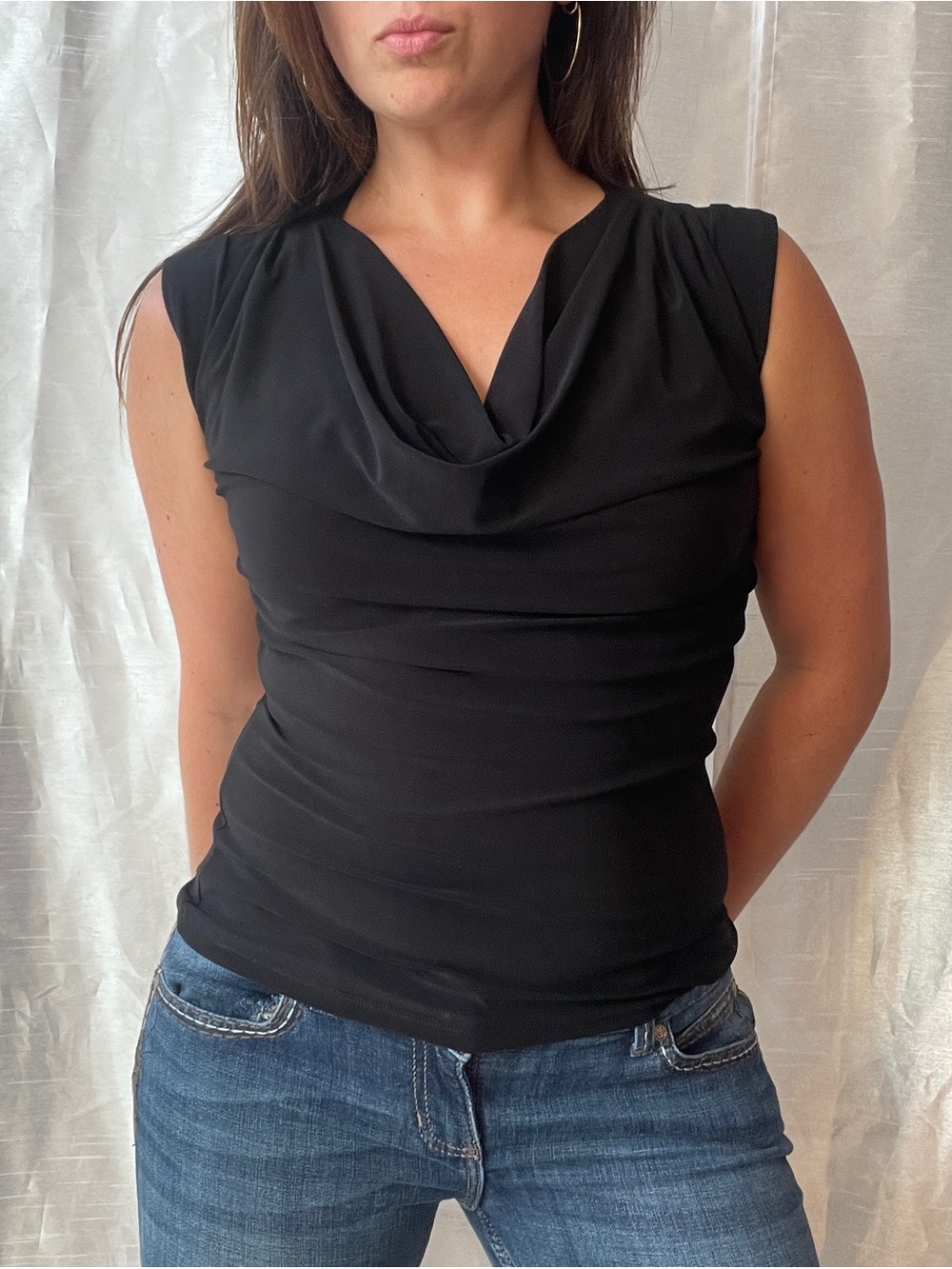 Jennie & Marlis Cowl Neck Top Small Black Sleeveless Going Out Minimalist Y2K